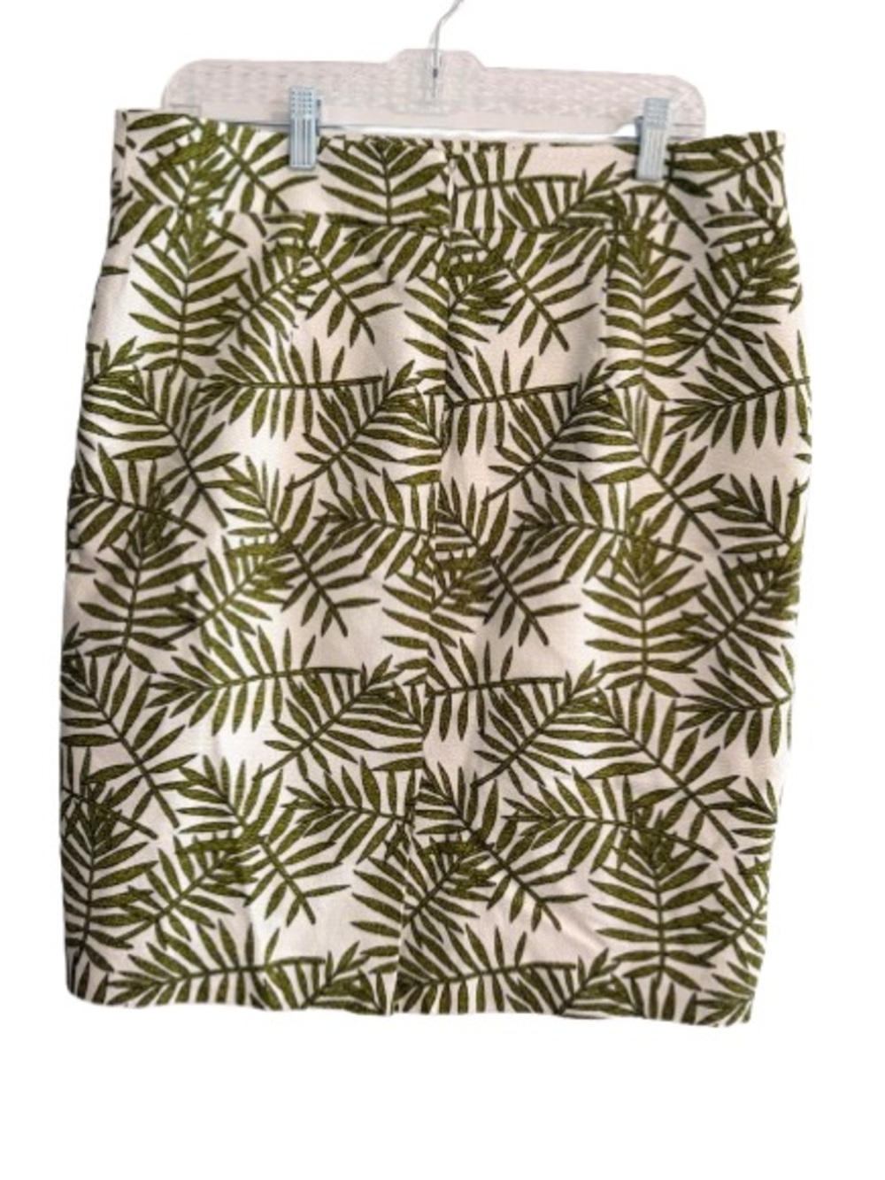 White and Olive Green Palm-Print Pencil Skirt